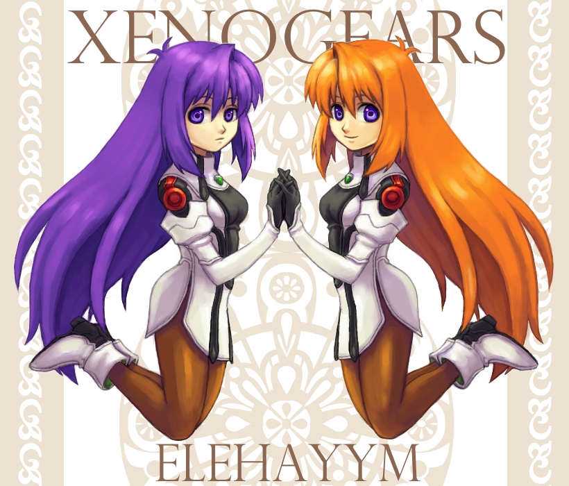 zohar0330, elhaym van houten, xenogears, spoilers, 2girls, character name, chibi, copyright name, dual persona, holding hands, long hair, multiple girls, orange hair, pantyhose, purple eyes, purple hair, symmetry, thighs, very long hair