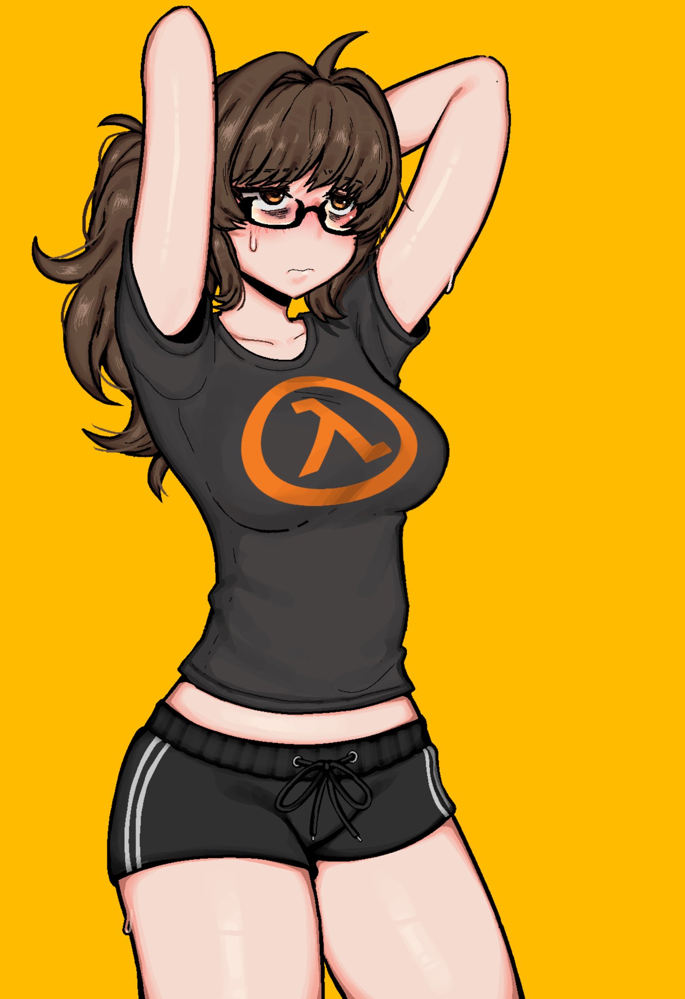 snale, aki (snale), half-life (series), highres, 1girl, breasts, curvy, lambda symbol, messy hair, neet, ponytail, thick thighs, thighs