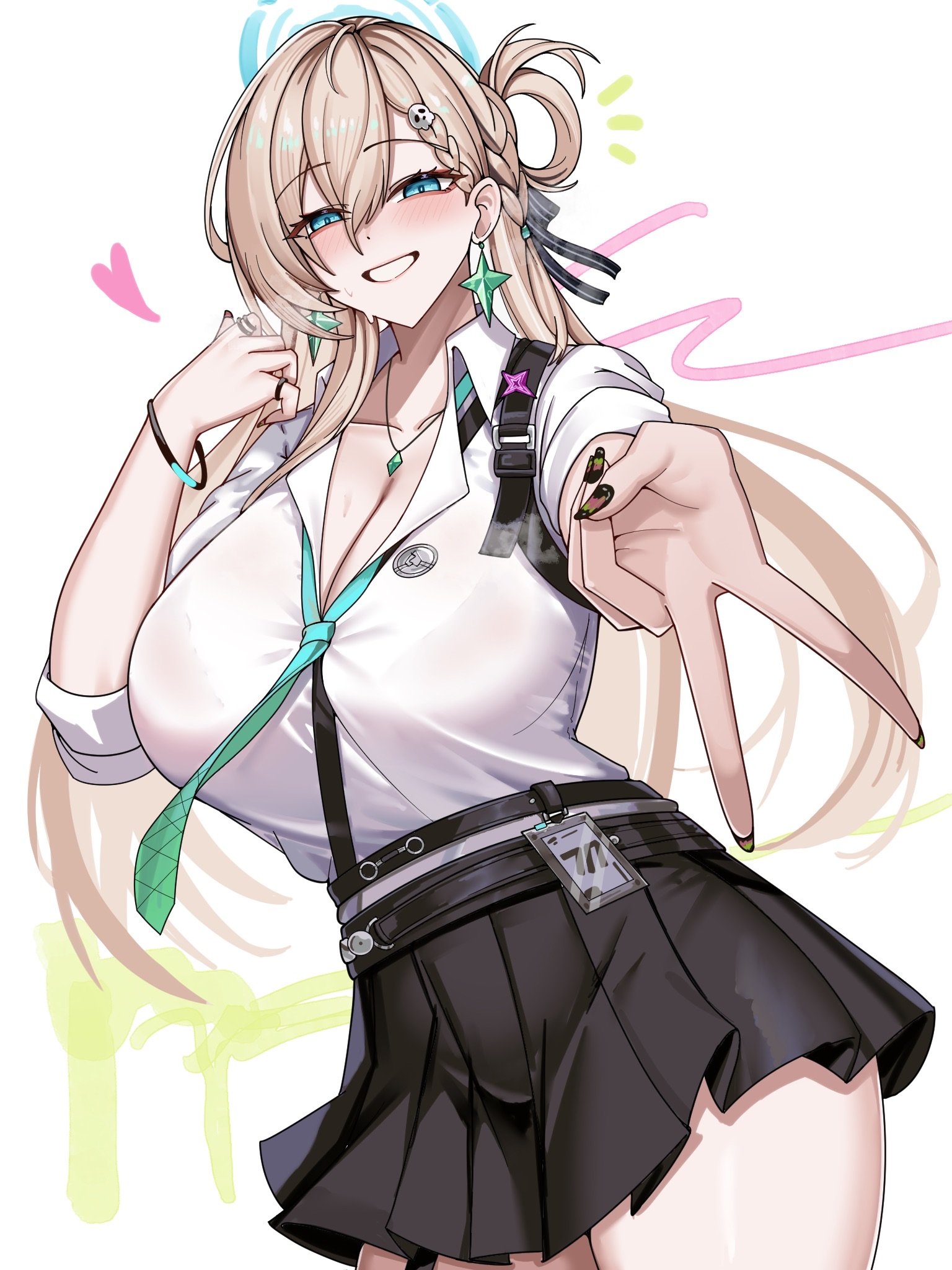 lengkuass, asuna (blue archive), lynae (wuthering waves), blue archive, wuthering waves, commentary, highres, 1girl, aqua eyes, aqua necktie, black nails, black skirt, blonde hair, blush, braid, braided bangs, breasts, breath, cleavage, collarbone, cosplay, cowboy shot, earrings, fingernails, hair between eyes, hair ornament, halo, halo behind head, hand up, heart, huge breasts, id card, jewelry, long fingernails, long hair, looking at viewer, lynae (wuthering waves) (cosplay), nail polish, necklace, necktie, notice lines, shirt, shirt tucked in, skirt, skull hair ornament, smile, solo, star (symbol), star earrings, thighs, v, white shirt