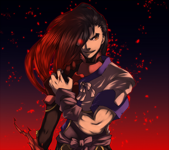 id, yosimura, fei fong wong, id (xenogears), xenogears, bad id, bad pixiv id, spoilers, 1boy, dual persona, embers, glowing, glowing eye, glowing eyes, long hair, male focus, red hair, smile, solo, torn clothes, transformation