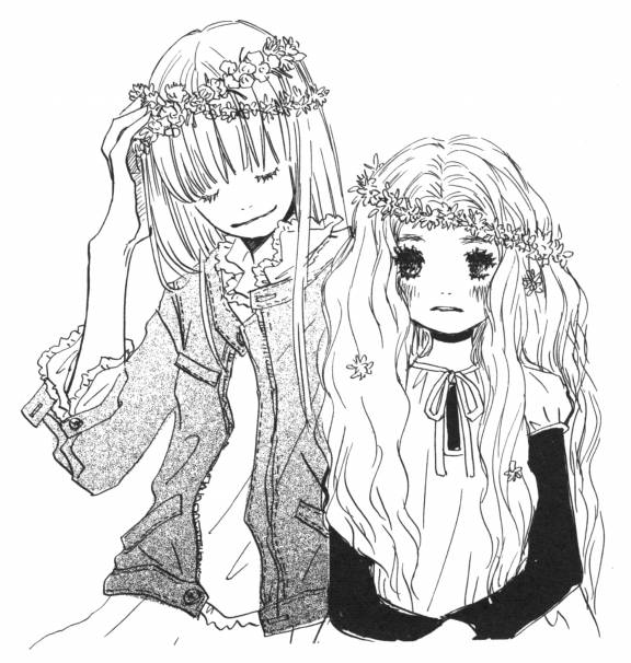 umino chika, hanamoto hagumi, yamada ayumi, honey and clover, official art, traditional media, 00s, 2girls, black theme, blush, flower, greyscale, jacket, long hair, monochrome, multiple girls, white theme, wreath