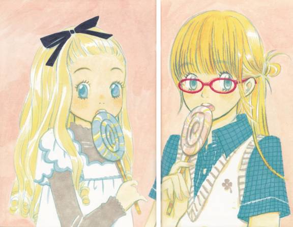 umino chika, hanamoto hagumi, yamada ayumi, honey and clover, scan, traditional media, 00s, 2girls, blonde hair, bow, candy, food, glasses, lollipop, long hair, multiple girls, red-framed eyewear, ribbon