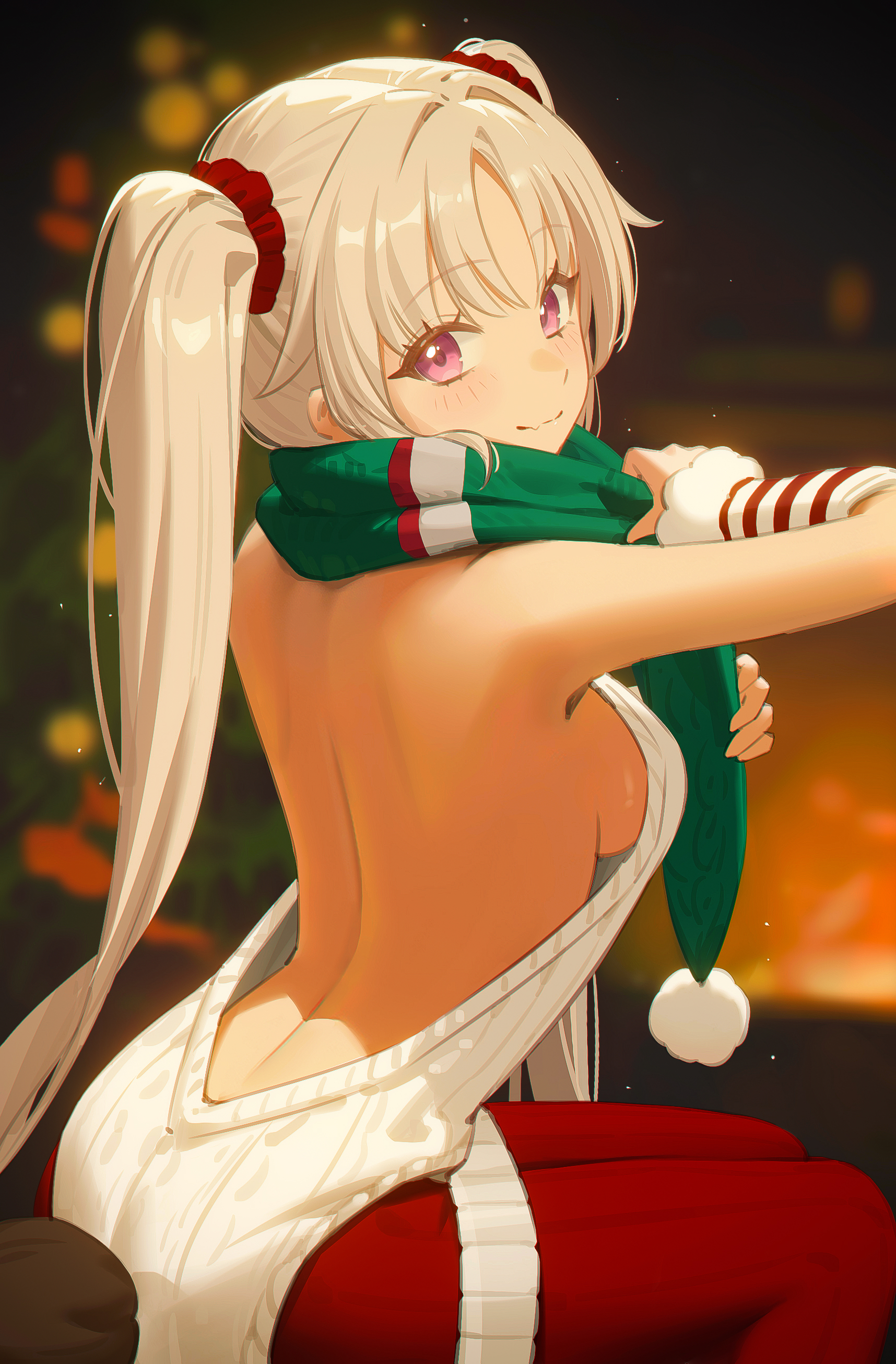95 (jiuwujiang), laru (stella sora), stella sora, absurdres, commentary, english commentary, highres, 1girl, back, backless outfit, blonde hair, blurry, blurry background, blush, breasts, christmas, christmas tree, depth of field, green scarf, grey sweater, hair ornament, hair scrunchie, laru (snowish) (stella sora), long hair, looking at viewer, looking back, official alternate costume, pantyhose, pink eyes, red pantyhose, ribbed sweater, scarf, scrunchie, sideboob, sitting, solo, sweater, twintails, very long hair, virgin killer sweater