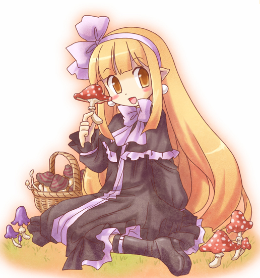 karina, mage (disgaea), disgaea, nippon ichi, 1girl, :d, basket, black capelet, black dress, blonde hair, blunt bangs, blush, blush stickers, capelet, dot nose, dress, earrings, female focus, fly agaric, hairband, jewelry, lavender bow, lavender ribbon, long hair, mushroom, on floor, open mouth, orange eyes, pointy ears, ribbon, sidelocks, sitting, smile, solo, star mage, very long hair, wariza, yellow eyes
