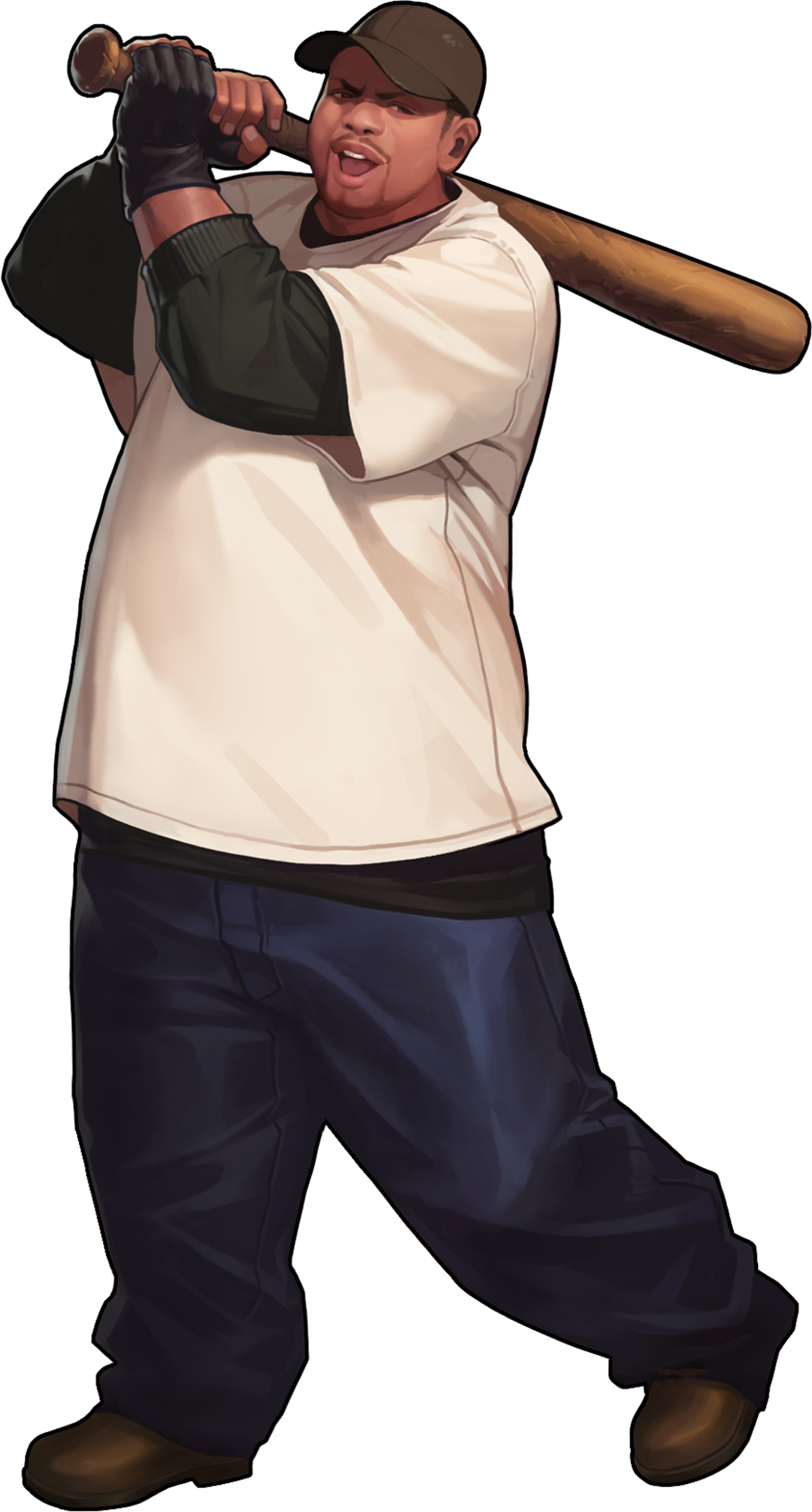 black survival, absurdres, artist request, highres, official art, third-party source, 1boy, baseball bat, baseball cap, blue pants, brown shoes, facial hair, fingerless gloves, gloves, goatee, hat, holding, holding baseball bat, immortal soul: black survival, open mouth, pants, rosalio benson, shirt, shoes, solo, transparent background, white shirt