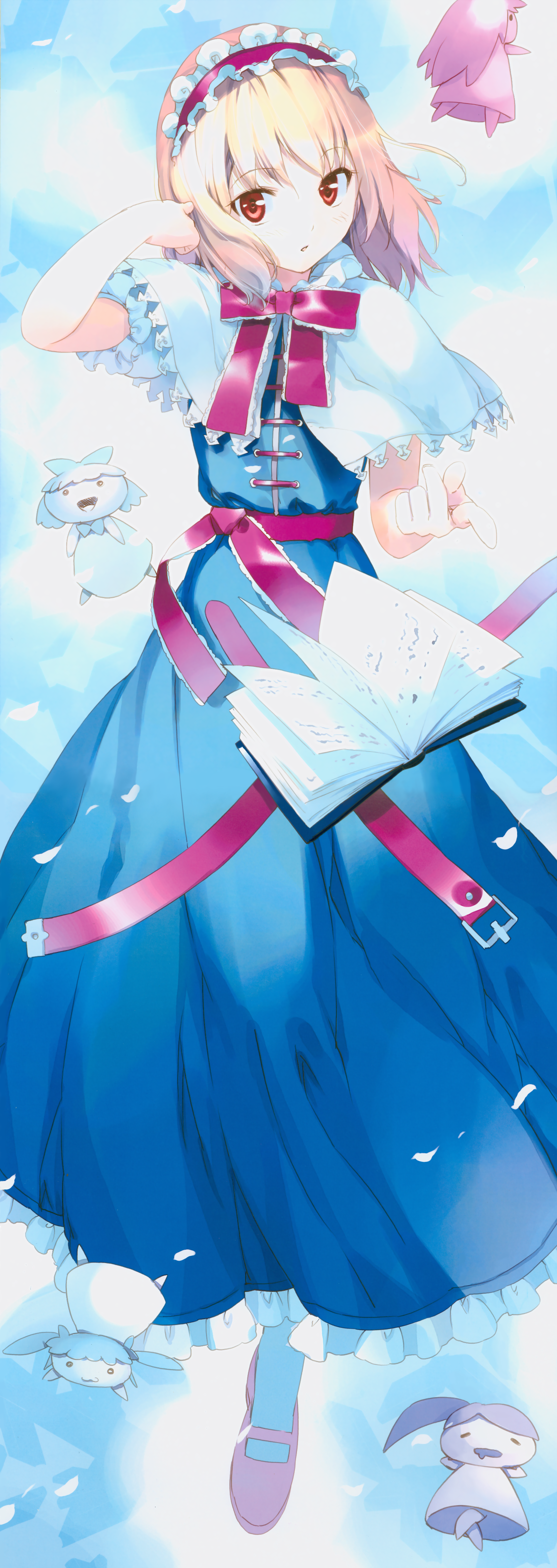 ueda ryou, alice margatroid, touhou, absurdres, highres, huge filesize, long image, tall image, 1girl, blonde hair, book, doll, female focus, hairband, mary janes, red eyes, shoes, short hair, solo