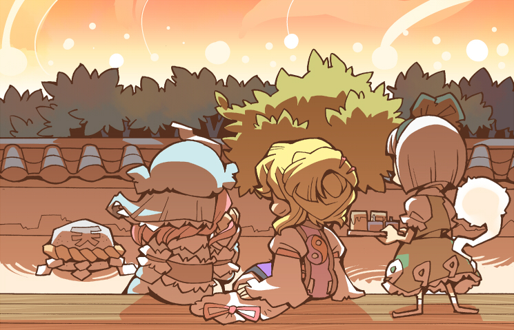 hounori, konpaku youmu, konpaku youmu (ghost), saigyouji yuyuko, yakumo yukari, touhou, silver hair, bad id, bad pixiv id, 3girls, blonde hair, dress, female focus, hair ornament, hairband, hairclip, hat, multiple girls, short hair, tray