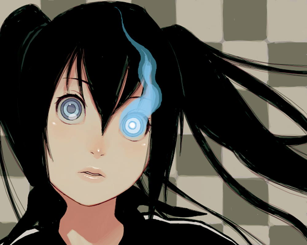 hijiri rei, black rock shooter (character), black rock shooter, 10s, 1girl, black hair, blue eyes, female focus, glowing, glowing eye, glowing eyes, lips, long hair, portrait, solo