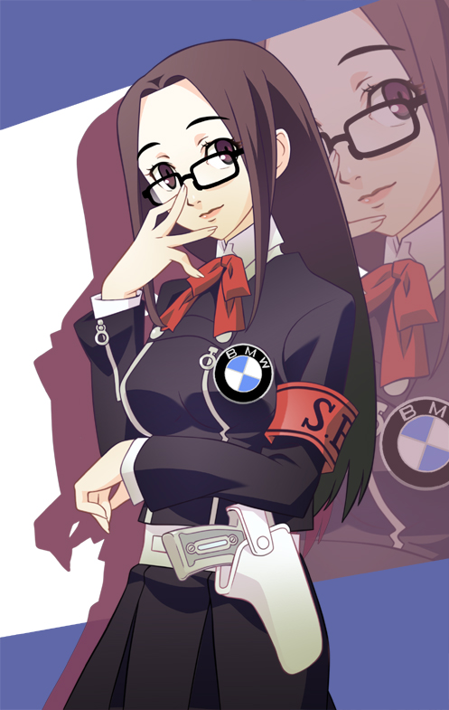 nyoro (nyoronyoro000), fushimi chihiro, atlus, persona, persona 3, 1girl, belt, brown hair, female focus, glasses, gun, holster, long hair, ribbon, school uniform, solo, weapon