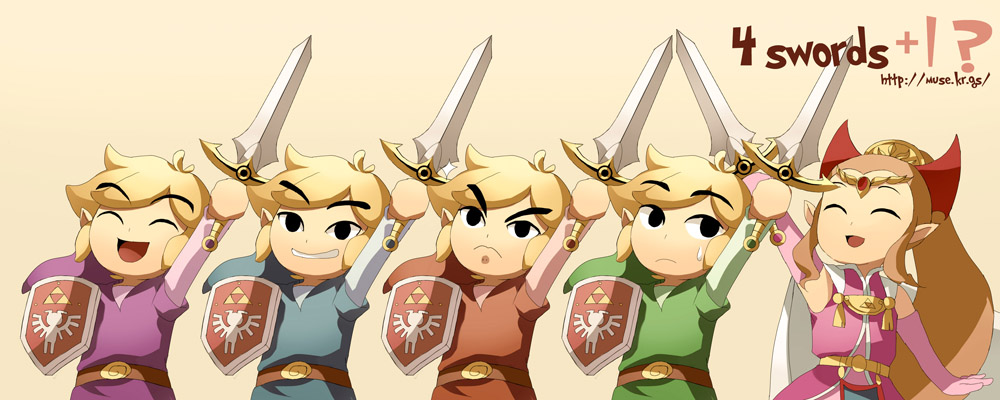 muse (rainforest), link, princess zelda, nintendo, the legend of zelda, the legend of zelda: four swords, 1girl, 4boys, blue tunic, holding, holding sword, holding weapon, multiple boys, purple tunic, red tunic, shield, sword, tunic, weapon
