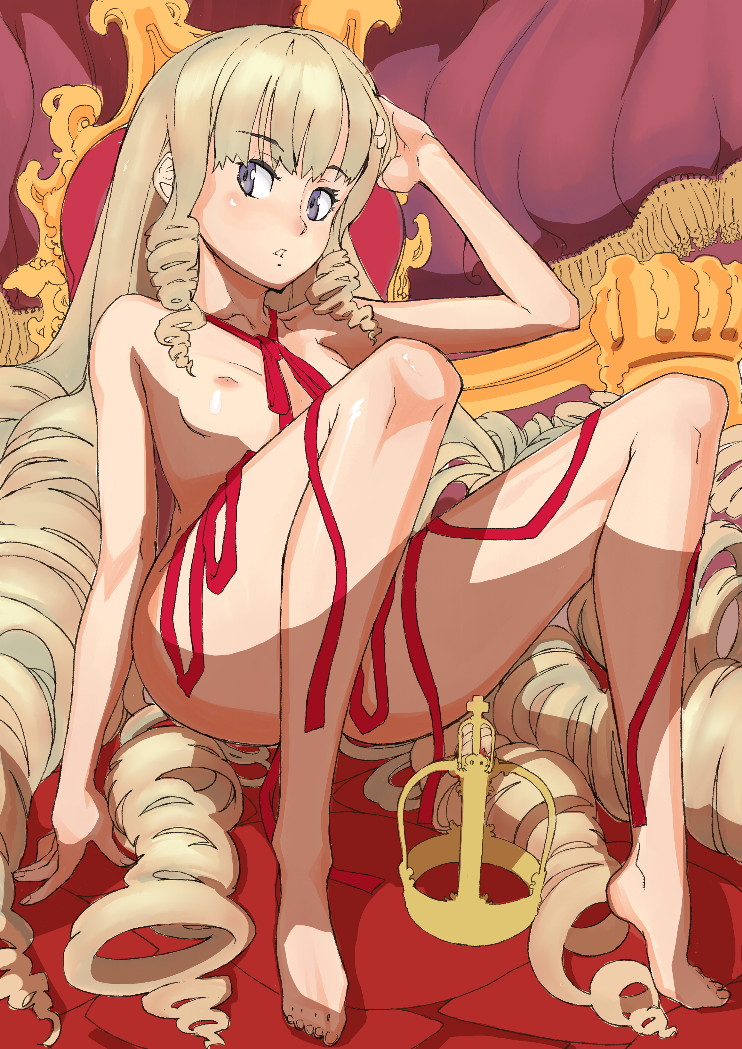 karakusa senbei, wr (karakusa senbei), absurdres, bad id, bad pixiv id, highres, 1girl, barefoot, blue eyes, breasts, brown hair, crown, drill hair, feet, female focus, flat chest, long hair, nipples, nude, ribbon, solo, very long hair