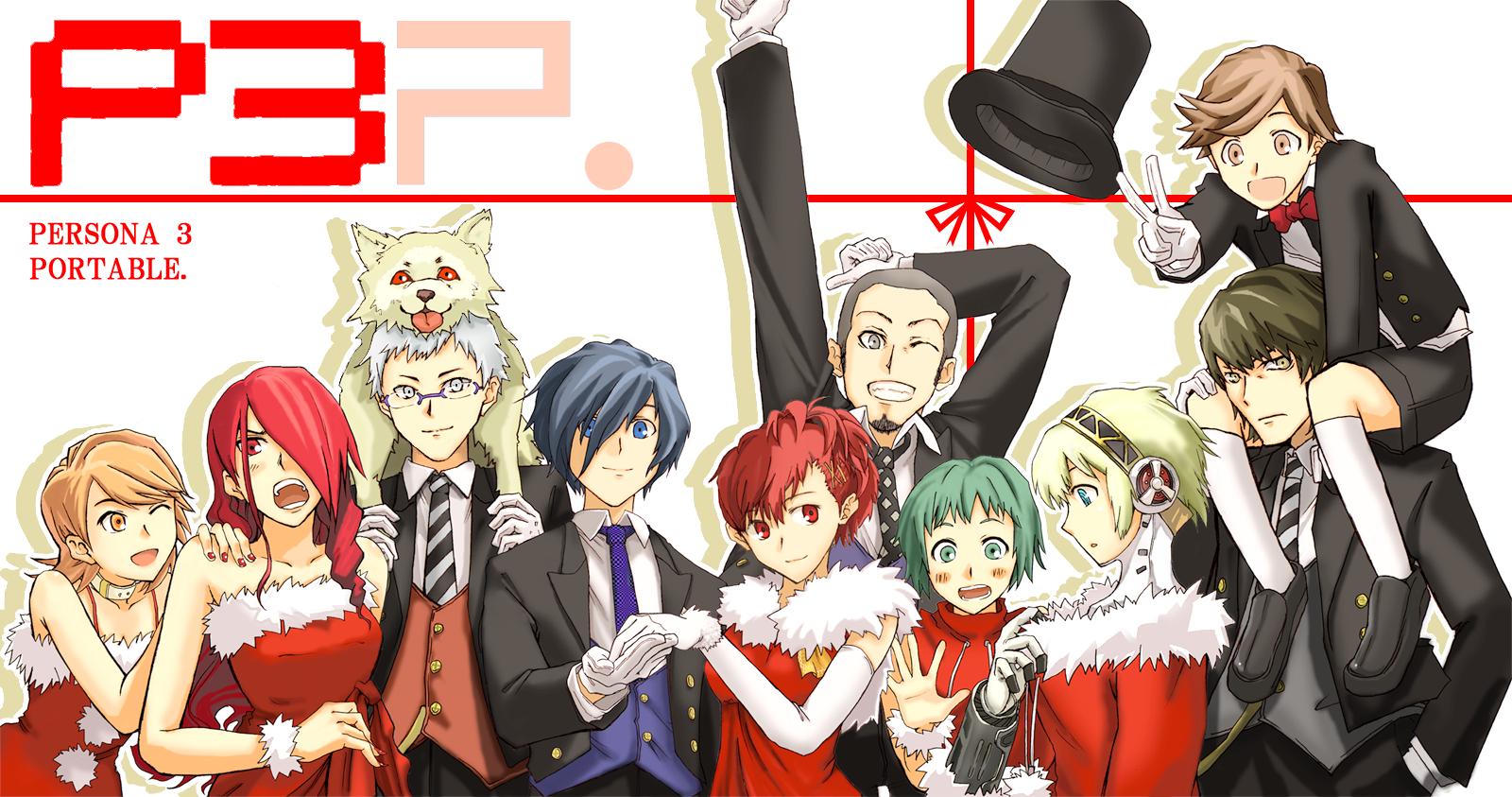 sandwich (artist), tsuchii (ramakifrau), aigis (persona), amada ken, aragaki shinjirou, iori junpei, kirijou mitsuru, koromaru (persona), sanada akihiko, shiomi kotone, takeba yukari, yamagishi fuuka, yuuki makoto (persona 3), atlus, persona, persona 3, persona 3 portable, highres, 5boys, 5girls, alternate costume, android, aqua hair, bespectacled, blue eyes, blush, choker, christmas, dog, dress, formal clothes, glasses, gloves, hair over one eye, hat, holding hands, long hair, multiple boys, multiple girls, necktie, no headwear, one eye closed, red eyes, red hair, s.e.e.s, short hair, smile, suit, top hat