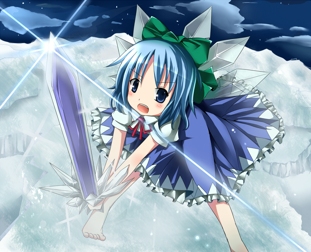 kazura, cirno, touhou, touhou hisoutensoku, barefoot, blue eyes, blue hair, bow, hair bow, short hair, solo, sword, weapon, wings