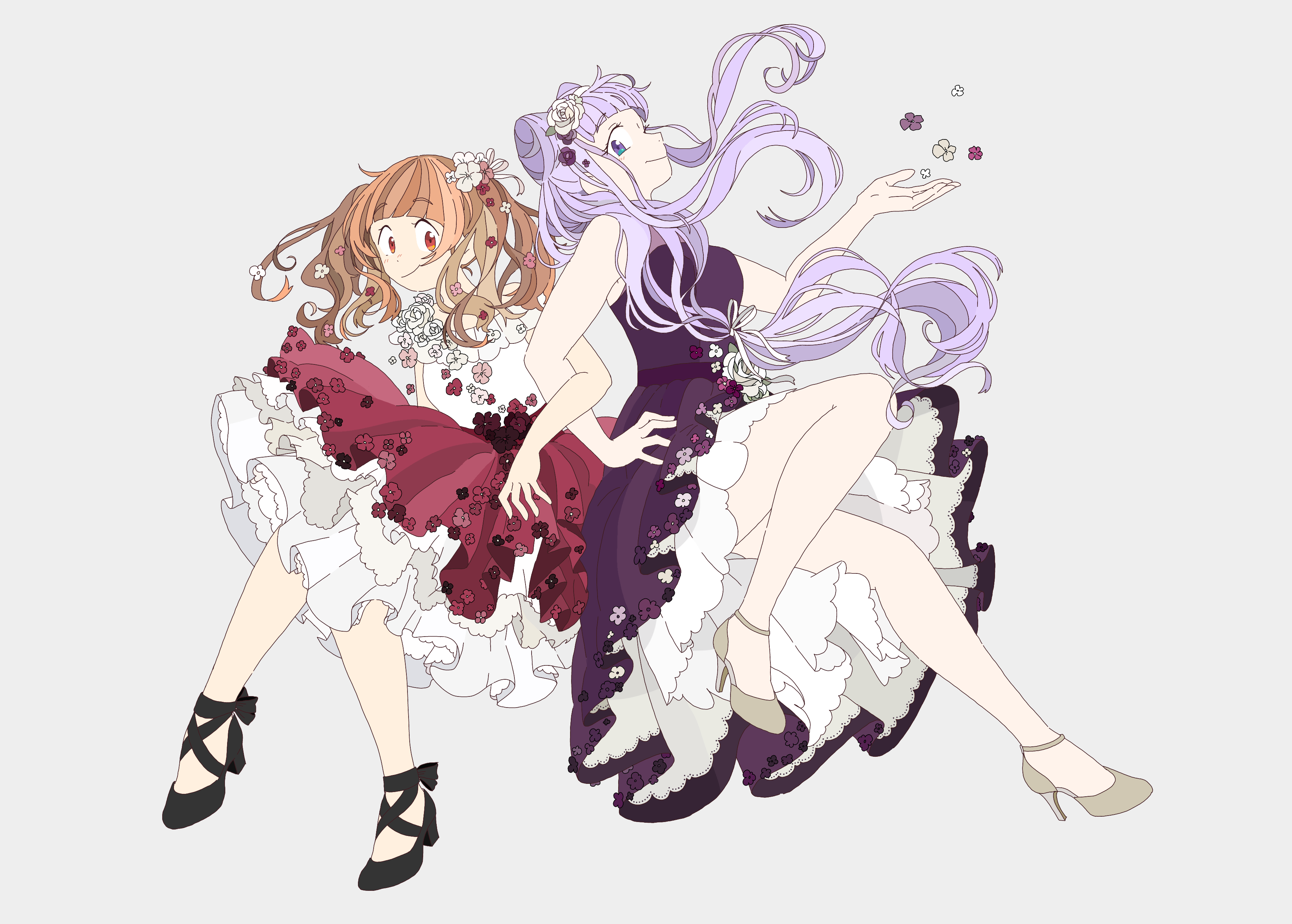 takahoshi (yunch327), aisaki emiru, ruru amour, hugtto! precure, precure, absurdres, commentary request, highres, 2girls, anime coloring, ankle bow, ankle ribbon, asymmetrical dress, bare arms, bare shoulders, black bow, black shoes, blue eyes, blunt bangs, bow, brown hair, brown shoes, closed mouth, cone hair bun, double bun, dress, dress flower, eyelashes, floating clothes, floating hair, flower, formal clothes, frilled dress, frilled skirt, frilled sleeves, frills, full body, grey background, grey flower, hair bun, hair flower, hair ornament, hair ribbon, hand on own hip, happy, head tilt, high heels, invisible chair, knee up, locked arms, long hair, low twintails, medium dress, medium hair, medium skirt, multiple girls, no socks, off-shoulder shirt, off shoulder, outstretched hand, petticoat, pleated dress, pleated skirt, pointy nose, purple dress, purple flower, purple hair, red eyes, red flower, red skirt, ribbon, rose, shirt, shoes, short sleeves, sidelocks, simple background, sitting, skirt, sleeveless, sleeveless dress, smile, tareme, twintails, very long hair, white flower, white ribbon, white rose, white shirt