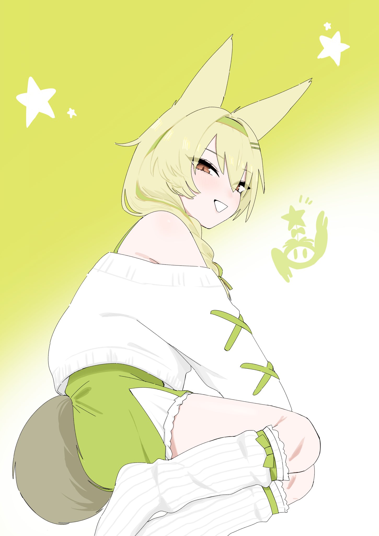 beanstalk (arknights), beanstalk (gift uncompleted) (arknights), arknights, commentary, highres, symbol-only commentary, 1girl, animal ears, blush, braid, brown eyes, brown hair, cropped sweater, domesticated metal crab (arknights), dress, green dress, green hairband, green ribbon, hair ornament, hairband, hairclip, huyoudo, hyena ears, hyena girl, hyena tail, long hair, long sleeves, looking at viewer, loose socks, off-shoulder sweater, off shoulder, official alternate costume, ribbon, socks, solo, sweater, white socks, white sweater