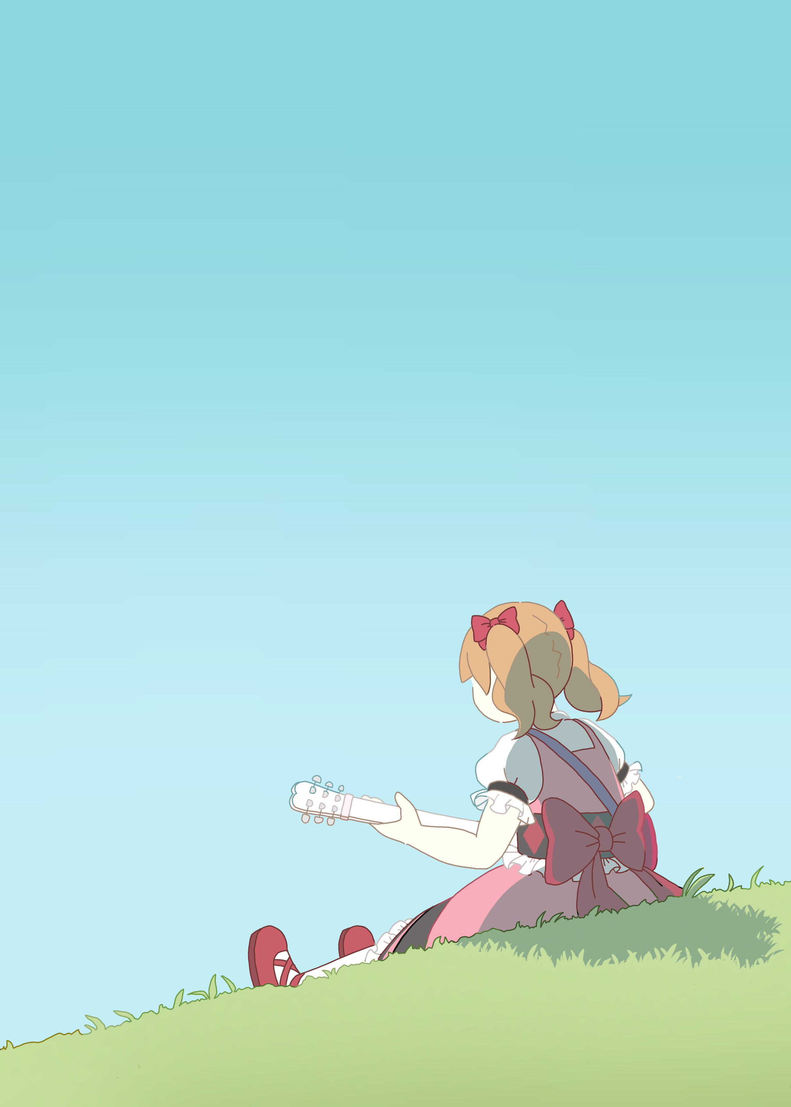 takahoshi (yunch327), aisaki emiru, hugtto! precure, precure, absurdres, commentary request, highres, 1girl, anime coloring, back bow, black corset, bow, brown hair, corset, day, diamond print, dress, frilled corset, frilled dress, frilled sleeves, frills, from behind, full body, guitar, hair bow, hill, instrument, mary janes, medium dress, medium hair, music, on grass, outdoors, pantyhose, pinafore dress, pink dress, playing guitar, playing instrument, print corset, puffy short sleeves, puffy sleeves, red bow, red shoes, shadow, shirt, shoes, short sleeves, sitting, sleeveless, sleeveless dress, solo, twintails, white pantyhose, white shirt