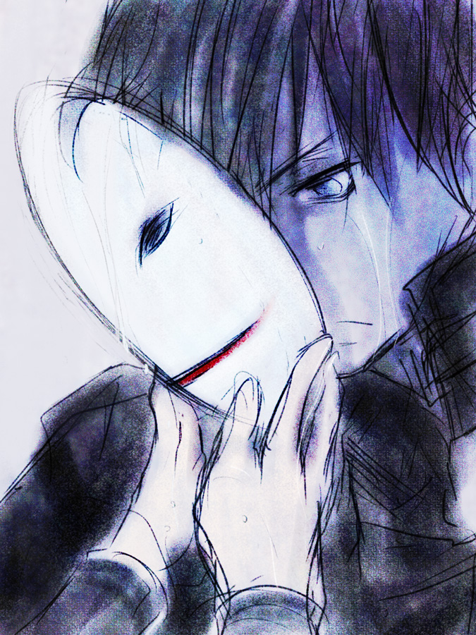doraeshi, hei (darker than black), darker than black, bad id, bad pixiv id, 00s, 1boy, faux traditional media, male focus, mask, sketch, solo, tears