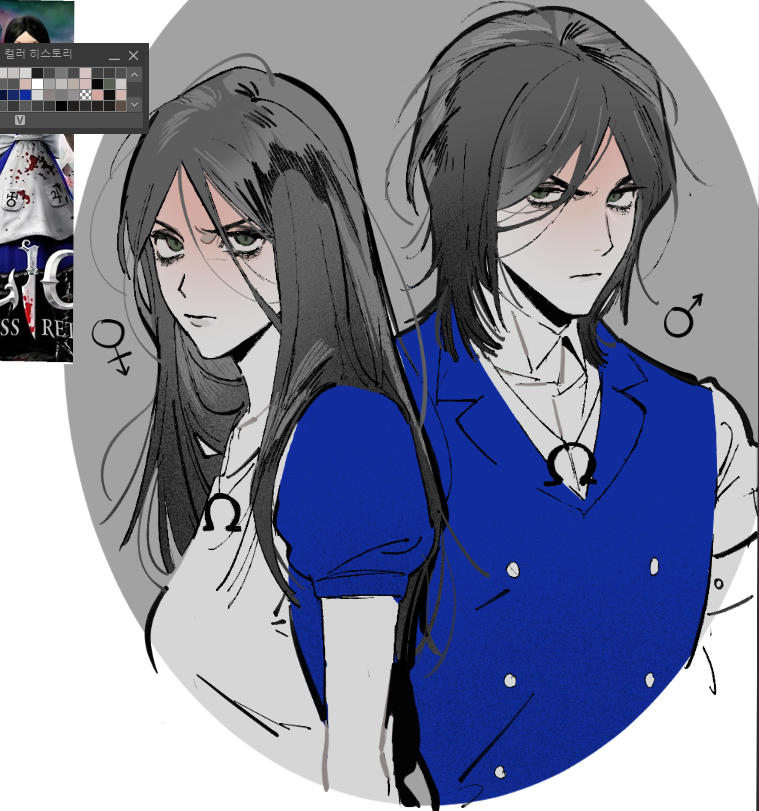 pankepen, alice liddell (american mcgee's alice), alice: madness returns, american mcgee's alice, 1boy, 1girl, apron, black hair, blue dress, blue vest, closed mouth, dress, genderswap, genderswap (ftm), glaring, green eyes, jewelry, long hair, necklace, omega symbol, shirt, short hair, simple background, upper body, vest, white shirt