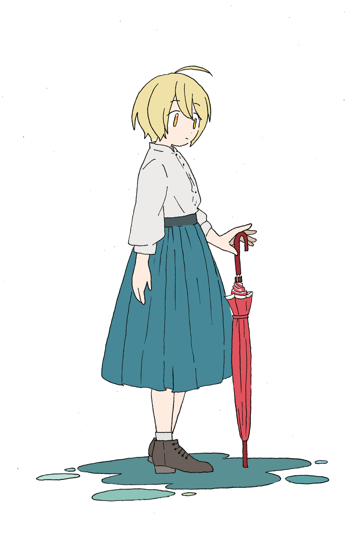 takahoshi (yunch327), kagayaki homare, hugtto! precure, precure, commentary request, highres, 1girl, ahoge, aqua skirt, belt, black belt, black boots, blonde hair, bob cut, boots, closed mouth, closed umbrella, collared shirt, dot nose, expressionless, flat color, full body, hair between eyes, high-waist skirt, high belt, high heel boots, high heels, holding, holding umbrella, long skirt, long sleeves, looking ahead, pleated skirt, puddle, puffy long sleeves, puffy sleeves, red umbrella, shirt, short hair, simple background, skirt, socks, solo, standing, tareme, umbrella, white background, white shirt, white socks, yellow eyes