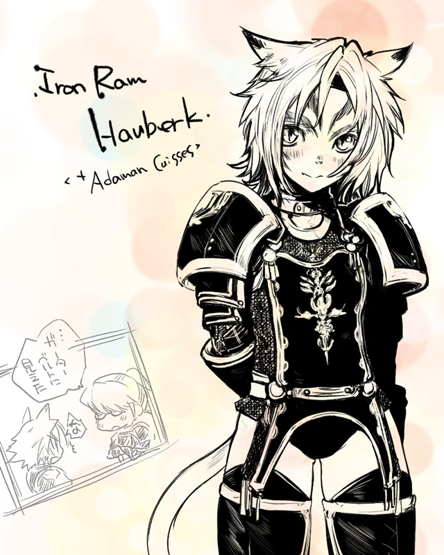 doraeshi, mithra (ff11), final fantasy, final fantasy xi, bad id, bad pixiv id, translated, 00s, animal ears, armor, blush, cat ears, embarrassed, facial mark, garter belt, leotard, monochrome, thighhighs