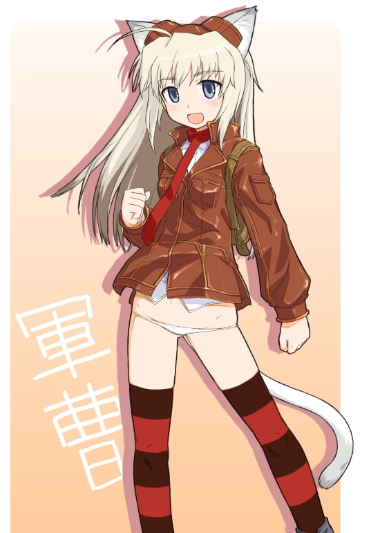 yk-ts, wilma bishop, strike witches, strike witches: katayoku no majo-tachi, world witches series, artist request, bad id, bad pixiv id, 00s, 1girl, animal ears, blue eyes, female focus, jacket, leather, leather jacket, leatherjacket, long hair, lowleg, lowleg panties, panties, red thighhighs, scarf, solo, striped clothes, striped thighhighs, tail, thighhighs, underwear, white panties