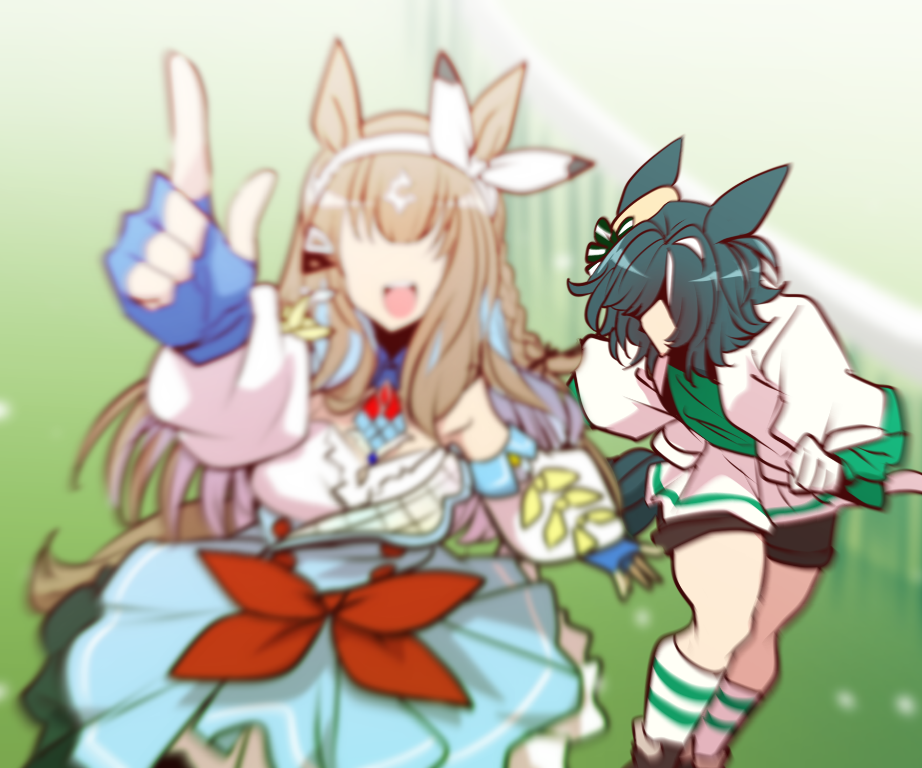 yonedatomo mizu, almond eye (umamusume), umamusume, commentary request, highres, photo-referenced, 2girls, animal ears, black shorts, blue dress, blue gloves, blue hair, blurry, blurry foreground, bow, braid, brown hair, colored inner hair, detached sleeves, dress, ears through headwear, faceless, faceless female, fingerless gloves, frilled sleeves, frills, gloves, green hair, hair ornament, hairband, hairclip, horse ears, horse girl, horse racing track, horse tail, jacket, kiseki (umamusume), long hair, multicolored hair, multiple girls, open clothes, open jacket, purple hair, racing, red bow, short hair, shorts, single braid, tail, two-tone hair, waist bow, white hair, white hairband, white jacket, white streaks, yellow beret