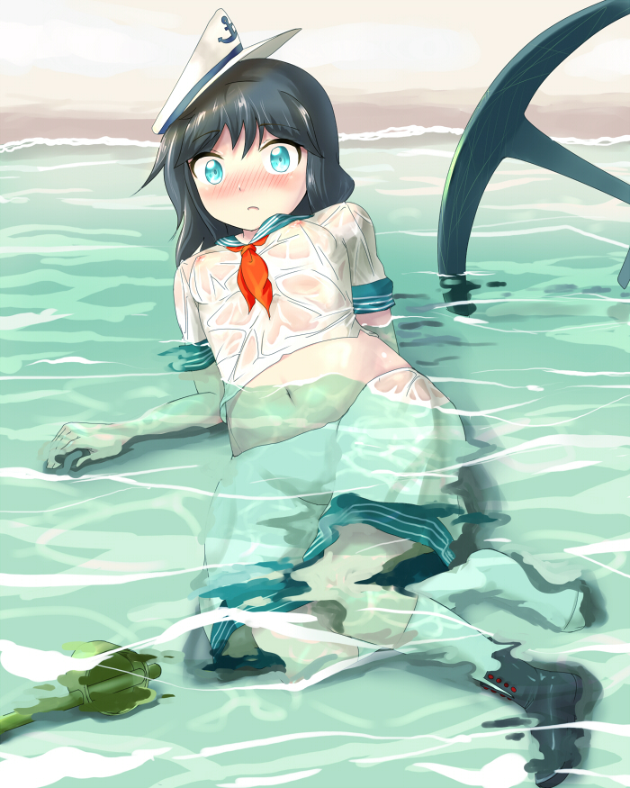 tottema, murasa minamitsu, touhou, bad id, bad pixiv id, 1girl, anchor, black hair, blush, breasts, female focus, green eyes, hat, hishaku, ladle, lying, midriff, navel, nipples, on back, partially submerged, sailor, sailor collar, sailor hat, see-through clothes, shoes, short hair, single shoe, small breasts, socks, solo, water, wet, wet clothes