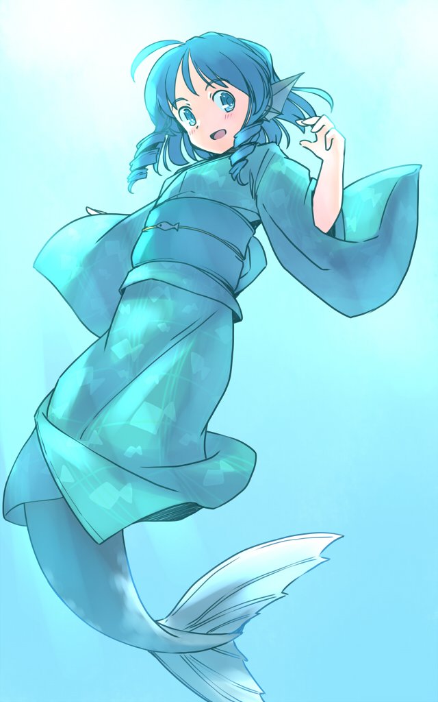 rangycrow, wakasagihime, touhou, commentary request, 1girl, :d, animal print, blue background, blue eyes, blue hair, blue kimono, drill hair, fins, fish print, fish tail, from below, full body, gradient background, hand up, head fins, japanese clothes, kimono, light blush, long sleeves, looking down, medium hair, mermaid, monster girl, obi, one-hour drawing challenge, open mouth, sash, sideways glance, smile, solo, tail