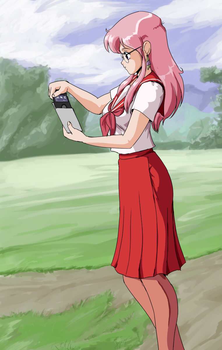 wbd, takara miyuki, lucky star, highres, 80s, cloud, dress, earrings, envelope, floppy disk, glasses, grass, jewelry, pantyhose, pink hair, retro artstyle, school uniform