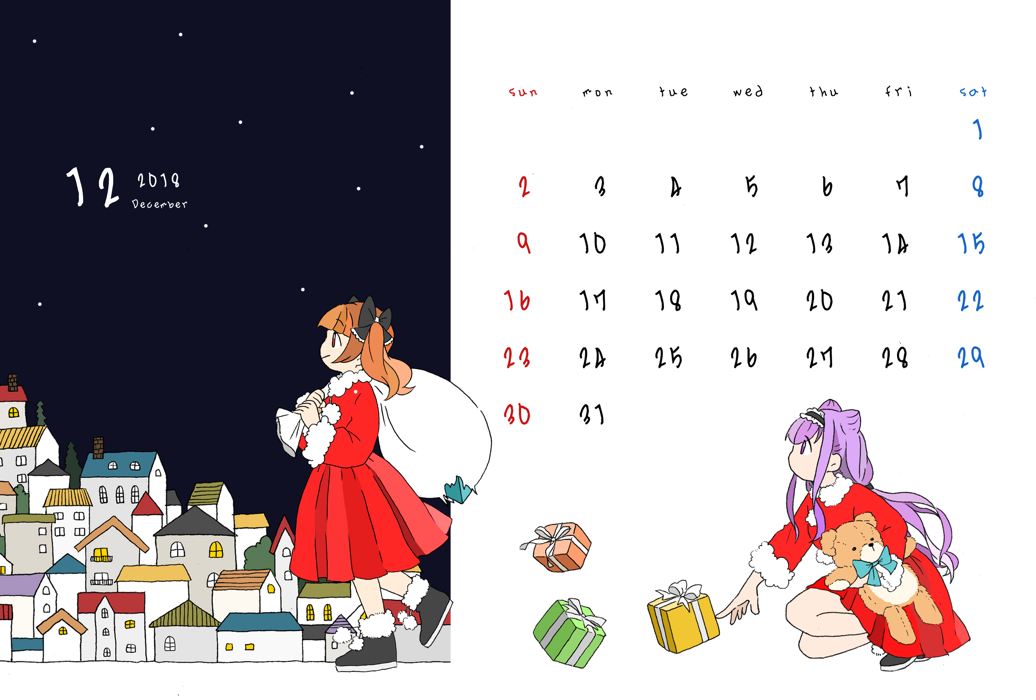 takahoshi (yunch327), aisaki emiru, ruru amour, hugtto! precure, precure, absurdres, commentary request, highres, 2018, 2girls, anime coloring, black boots, black bow, black hairband, blunt bangs, boots, bow, brown hair, calendar (medium), carrying over shoulder, christmas, closed mouth, cone hair bun, dated, double bun, dress, expressionless, frilled bow, frilled hairband, frills, from side, fur-trimmed boots, fur-trimmed dress, fur-trimmed sleeves, fur trim, gift, hair bow, hair bun, hair tie, hairband, happy, holding, holding sack, holding stuffed toy, lolita hairband, long dress, long hair, long sidelocks, long sleeves, looking ahead, looking at another, low twintails, medium hair, multiple girls, night, no mouth, outdoors, picking up, pleated dress, pom pom (clothes), purple eyes, purple hair, red dress, red eyes, sack, sidelocks, sky, smile, spill, squatting, star (sky), starry sky, stuffed animal, stuffed toy, tareme, teddy bear, towel, twintails, very long hair, walking, wavy hair, white background