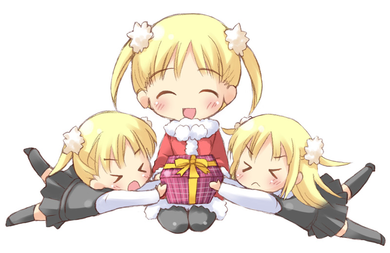 koyuki (kyk s), suzumura azami, garden (game), bad id, bad pixiv id, > <, 3girls, blonde hair, blush, child, clone, closed eyes, gift, multiple girls, skirt, thighhighs