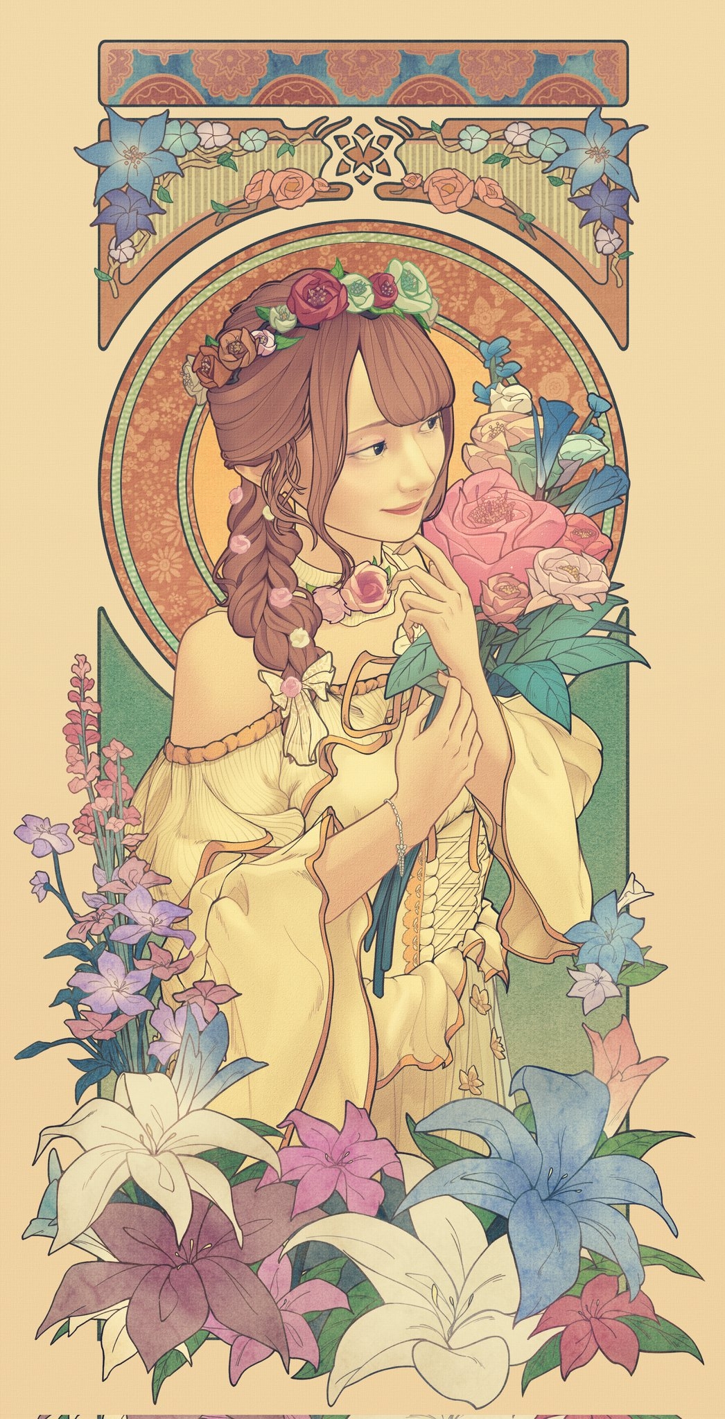 khorosho, idolmaster, idolmaster shiny colors, idolmaster shiny colors song for prism, real life, character request, highres, 1girl, bare shoulders, black eyes, bracelet, dress, flower, jewelry, lily (flower), long hair, pink lips, red hair, rose, smile, solo, white dress