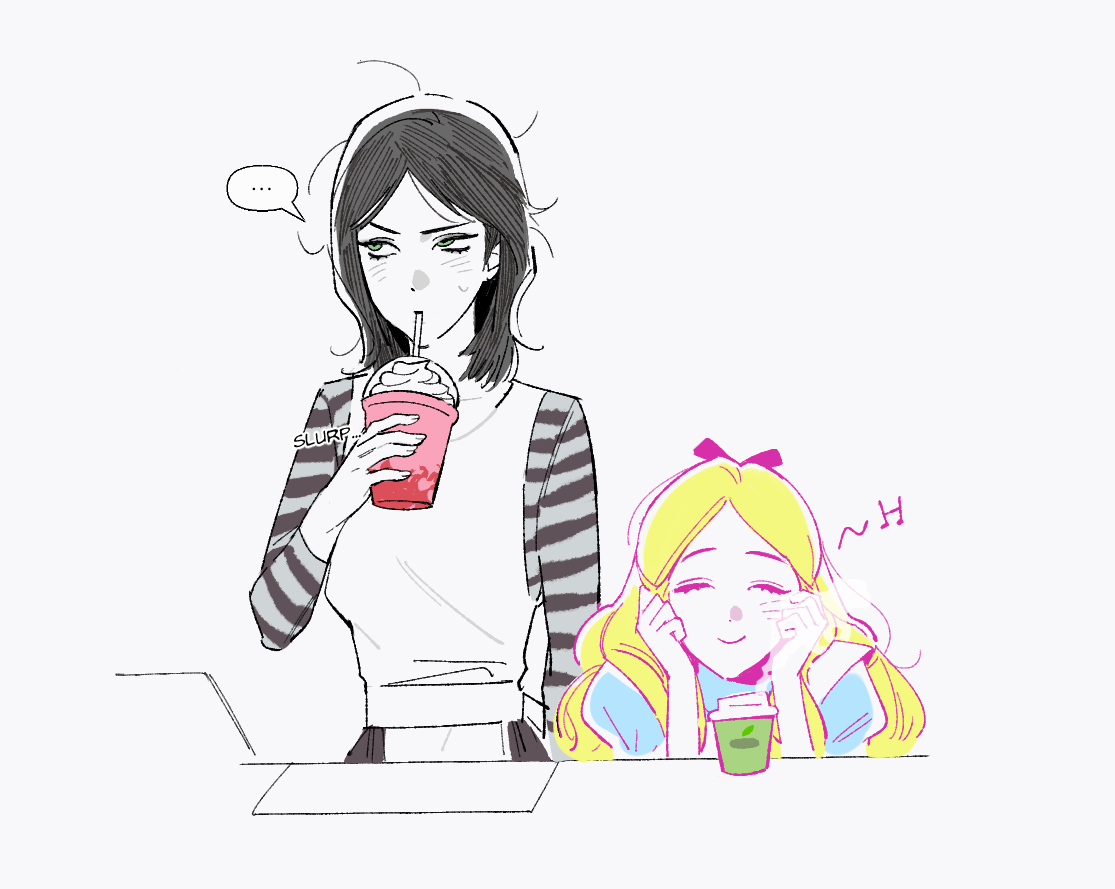 pankepen, alice liddell (american mcgee's alice), american mcgee's alice, 2girls, alice (disney), alice in wonderland (disney), apron, black dress, black hair, black ribbon, blonde hair, blue dress, blush, closed mouth, cup, dress, english text, green eyes, hair ribbon, holding, holding cup, long hair, medium hair, multiple girls, ribbon, simple background, smile, striped clothes, upper body, white background