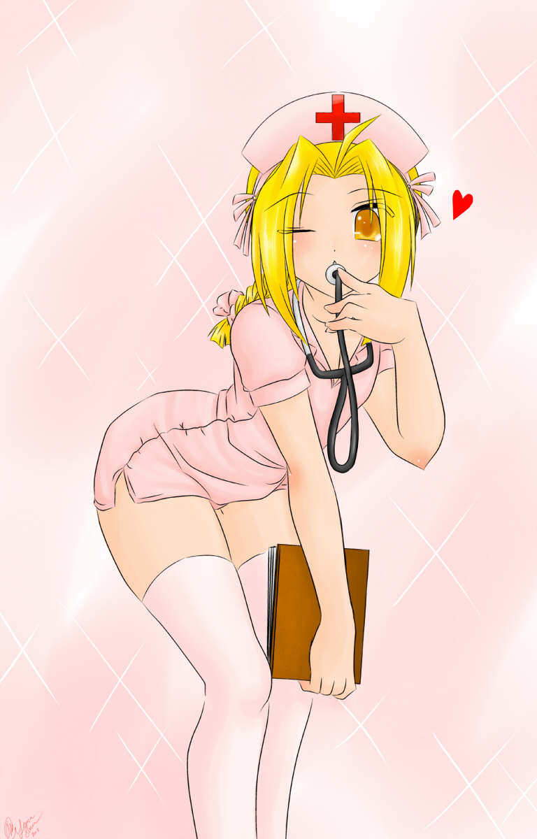 edward elric, fullmetal alchemist, highres, tagme, 00s, bent over, blonde hair, blush, child, cross, crossdressing, heart, male focus, nurse, one eye closed, ribbon, solo, thighhighs, trap, wink