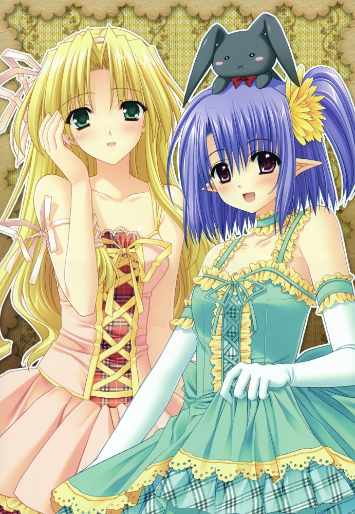 nishimata aoi, suzuhira hiro, daisy (shuffle!), kareha, shuffle!, shuffle! essence+, 00s, 2girls, blonde hair, blue hair, blush, choker, clothes lift, dress, dress lift, elbow gloves, fang, flower, frills, gloves, green eyes, hair flower, hair ornament, long hair, multiple girls, object on head, plaid clothes, plaid dress, pointy ears, ponytail, purple eyes, rabbit, ribbon, short hair, side ponytail, skirt hold, stuffed animal, stuffed rabbit, stuffed toy, very long hair, white gloves, x mouth