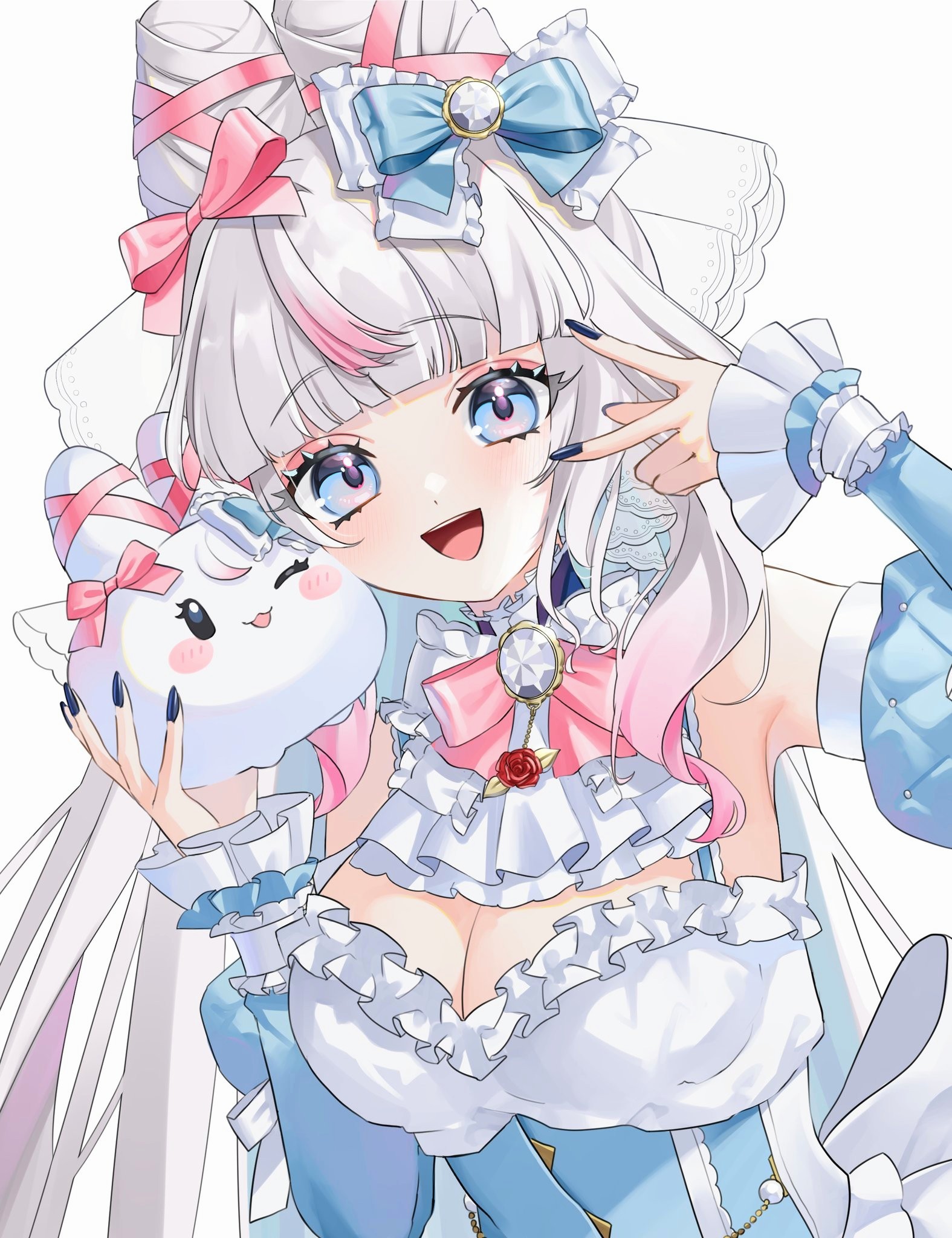 saika usagi, character request, copyright request, highres, 1girl, ;d, ascot, black nails, blue bow, blue eyes, blue sleeves, blush stickers, bow, bowtie, breasts, brooch, cleavage, detached sleeves, frilled sleeves, frills, gradient hair, hair bow, hair ribbon, holding, jewelry, multicolored hair, one eye closed, open mouth, pink bow, pink bowtie, pink hair, pink ribbon, ribbon, smile, v, v over eye, white ascot, white background