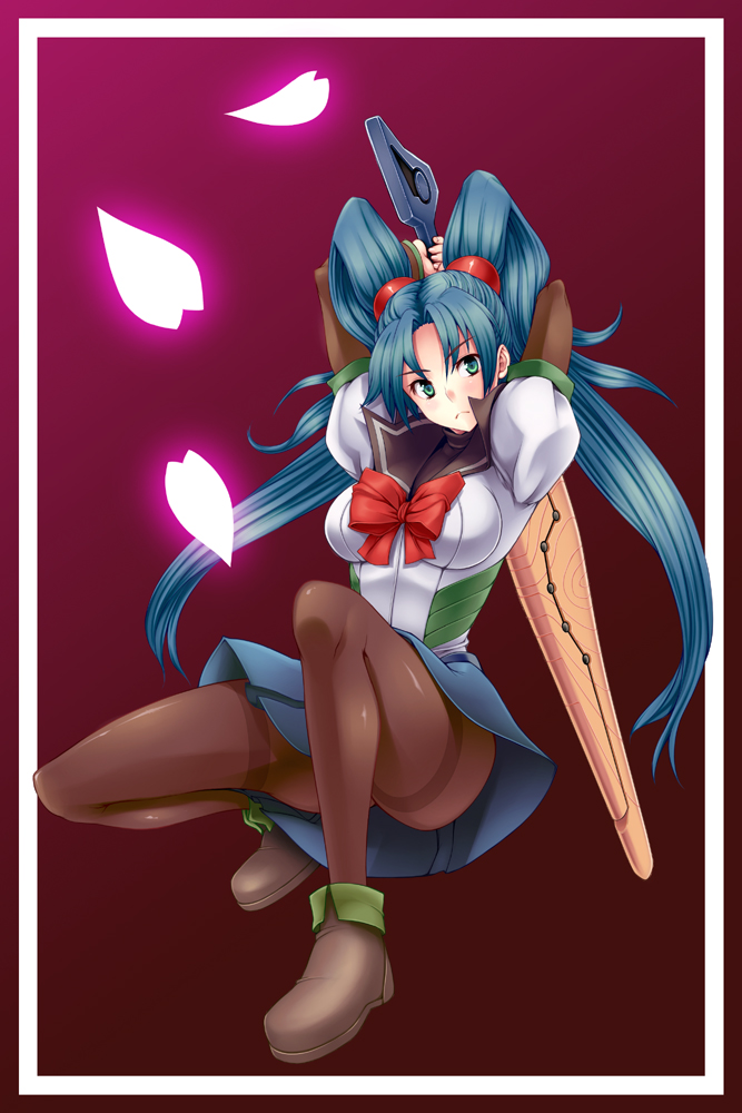 inu1tou, kutuna yui, vanguard princess, 1girl, breasts, female focus, full body, gradient background, green eyes, legs, long hair, pantyhose, school uniform, serafuku, solo, sword, twintails, weapon