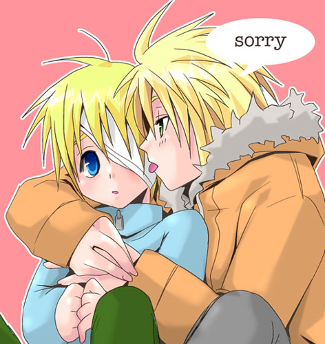 sakurapanda, butters stotch, kenny mccormick, south park, lowres, 2boys, :p, bandana, blonde hair, blush, hug, licking, male focus, multiple boys, tongue, tongue out