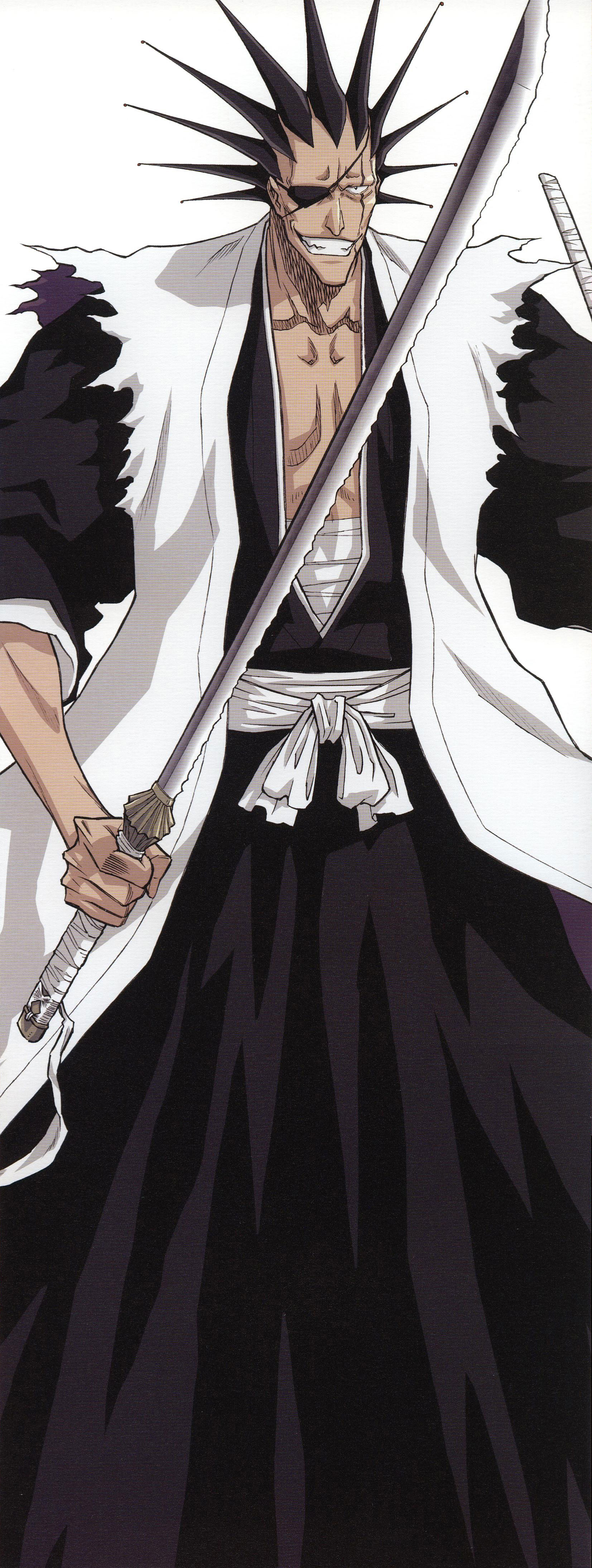 zaraki kenpachi, bleach, absurdres, highres, long image, tall image, 00s, 1boy, black hair, evil grin, evil smile, eyepatch, grin, haori, japanese clothes, male focus, sarashi, scar, smile, solo, sword, taichou haori, weapon