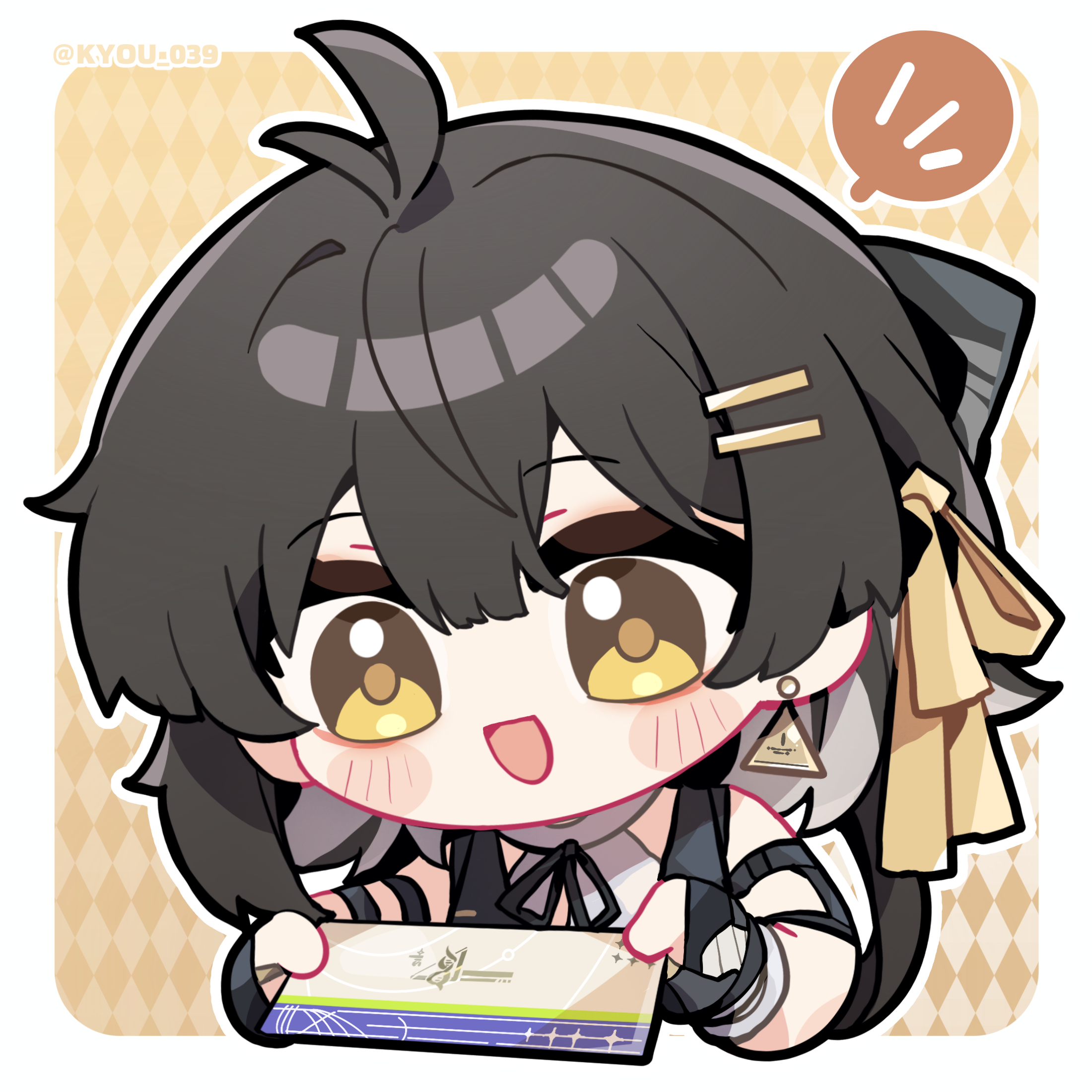 kyou 039, female rover (wuthering waves), rover (wuthering waves), wuthering waves, chinese commentary, commentary request, highres, 1girl, antenna hair, black gloves, black hair, border, chibi, chibi only, earrings, envelope, gloves, hair ornament, hair ribbon, hairclip, holding, holding envelope, jewelry, open mouth, orange background, parallel hairclips, ribbon, smile, solo, spoken expression, triangle earrings, twitter username, white border, yellow eyes, yellow ribbon