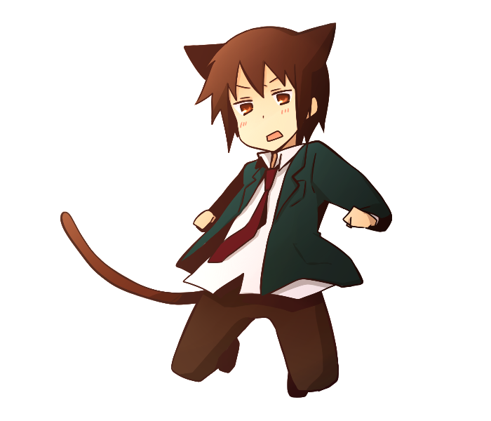 kinokosuke, kyon, suzumiya haruhi no yuuutsu, bad id, bad pixiv id, 00s, animal ears, brown eyes, brown hair, cat boy, cat ears, cat tail, male focus, school uniform, solo, tail