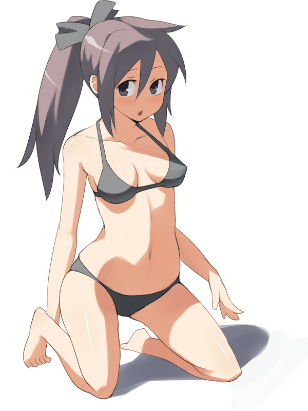 domu, original, bad id, bad pixiv id, bikini, black eyes, black hair, kneeling, long hair, ponytail, solo, swimsuit