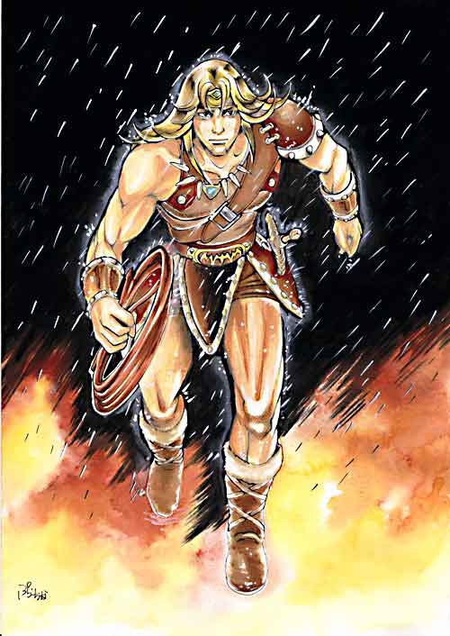 simon belmont, castlevania (1986), castlevania (series), konami, bad id, bad pixiv id, 1boy, armor, belt, blonde hair, boots, circlet, fire, full body, male focus, muscular, pteruges, rain, signature, solo, sword, weapon, whip