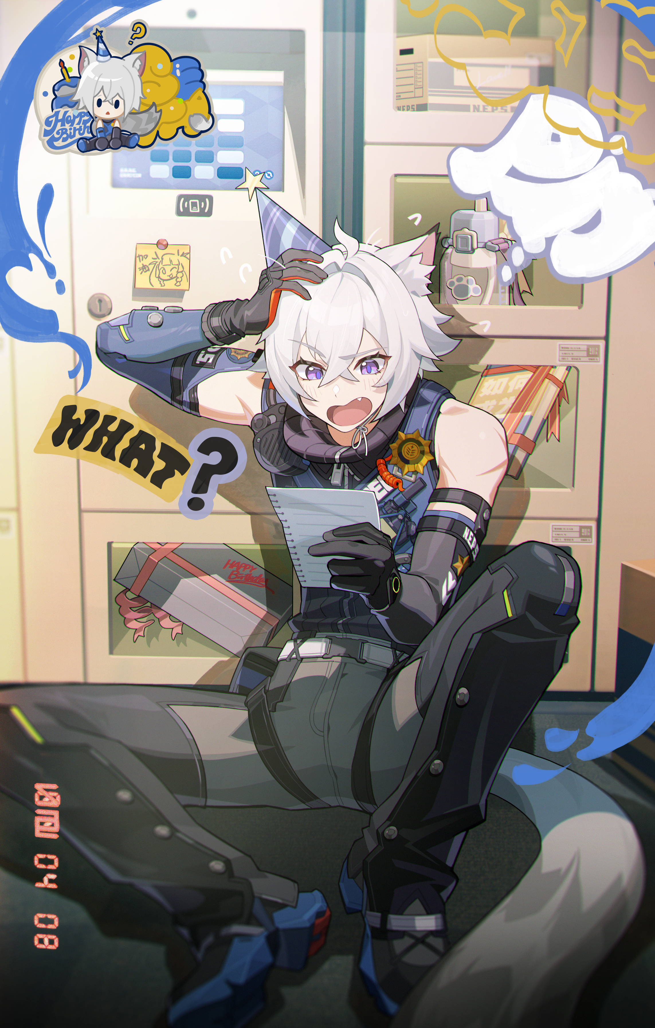 seth lowell, zenless zone zero, absurdres, chinese commentary, commentary, highres, official art, 1boy, ?, against locker, animal ear fluff, animal ears, arm up, artist name, belt pouch, black gloves, black shoes, black sweater, blue pants, blue shoes, blue vest, cat boy, cat ears, cat tail, chibi, crossed bangs, elbow gloves, fang, gaiters, gloves, hair between eyes, hand on own head, happy birthday, hat, holding, holding paper, knee up, looking at object, male focus, open mouth, pants, paper, party hat, police, police uniform, pouch, purple eyes, ribbed sweater, scar, scar on arm, shoes, short hair, sitting, sleeveless, sleeveless sweater, solo, sweater, tail, turtleneck, turtleneck sweater, vest, white hair