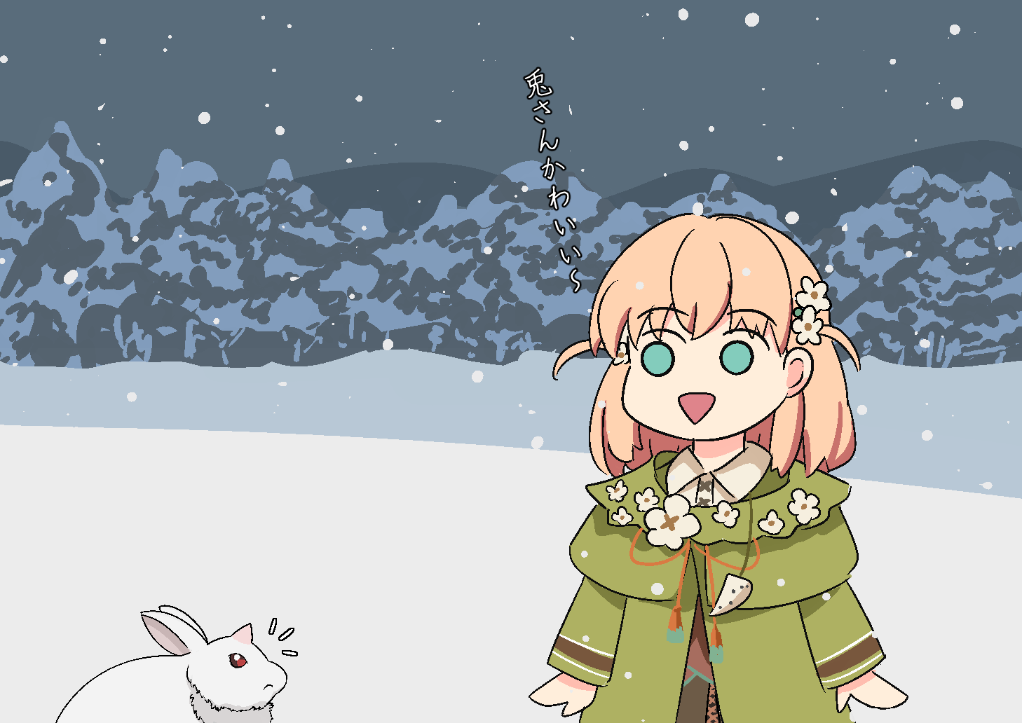 sen yousoro, hinoshita kaho, killer rabbit of caerbannog, hasunosora fantasy, link! like! love live!, love live!, monty python, monty python and the holy grail, commentary, translation request, 1girl, :d, capelet, clueless, collared shirt, crossover, empty eyes, flower, green capelet, green robe, hair flower, hair ornament, instrument, notice lines, ocarina, open mouth, orange hair, outdoors, rabbit, red eyes, robe, shirt, smile, snow, snowing, solo, white flower, white shirt