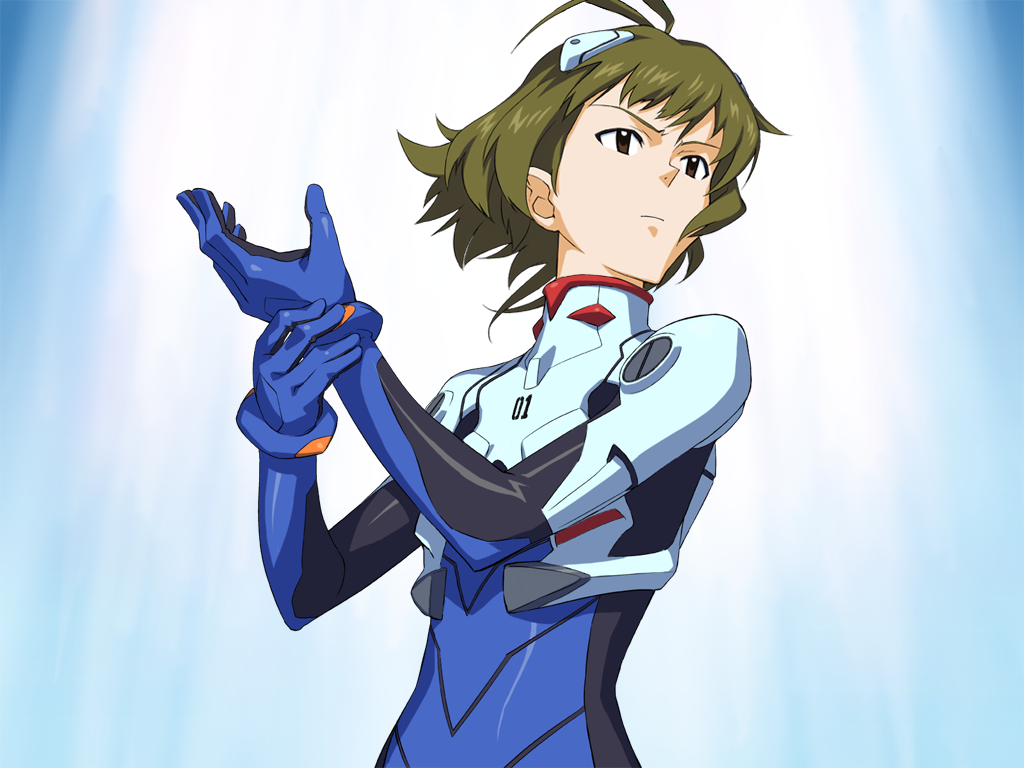 shimoigusa, takemura sessyu, akizuki ryo, ikari shinji, idolmaster, idolmaster dearly stars, neon genesis evangelion, 1boy, antenna hair, brown eyes, brown hair, cosplay, ikari shinji (cosplay), interface headset (evangelion), mecha pilot suit, parody, plugsuit (evangelion), short hair, solo