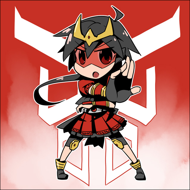 mizumi (artist), kamen rider kuuga, kamen rider, kamen rider kuuga (series), bad id, bad pixiv id, 1girl, ahoge, belt, black hair, female focus, fingerless gloves, full body, gloves, gradient background, skirt, solo