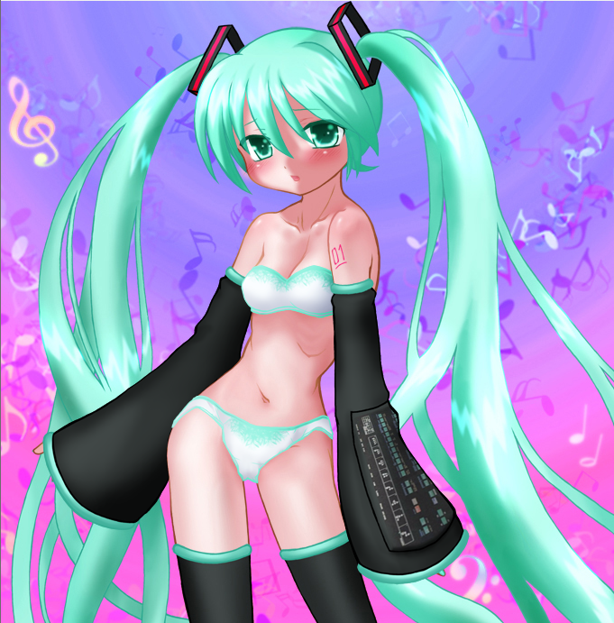 hatsune miku, vocaloid, aqua hair, blush, bra, detached sleeves, lingerie, long hair, panties, strapless, strapless bra, underwear, very long hair