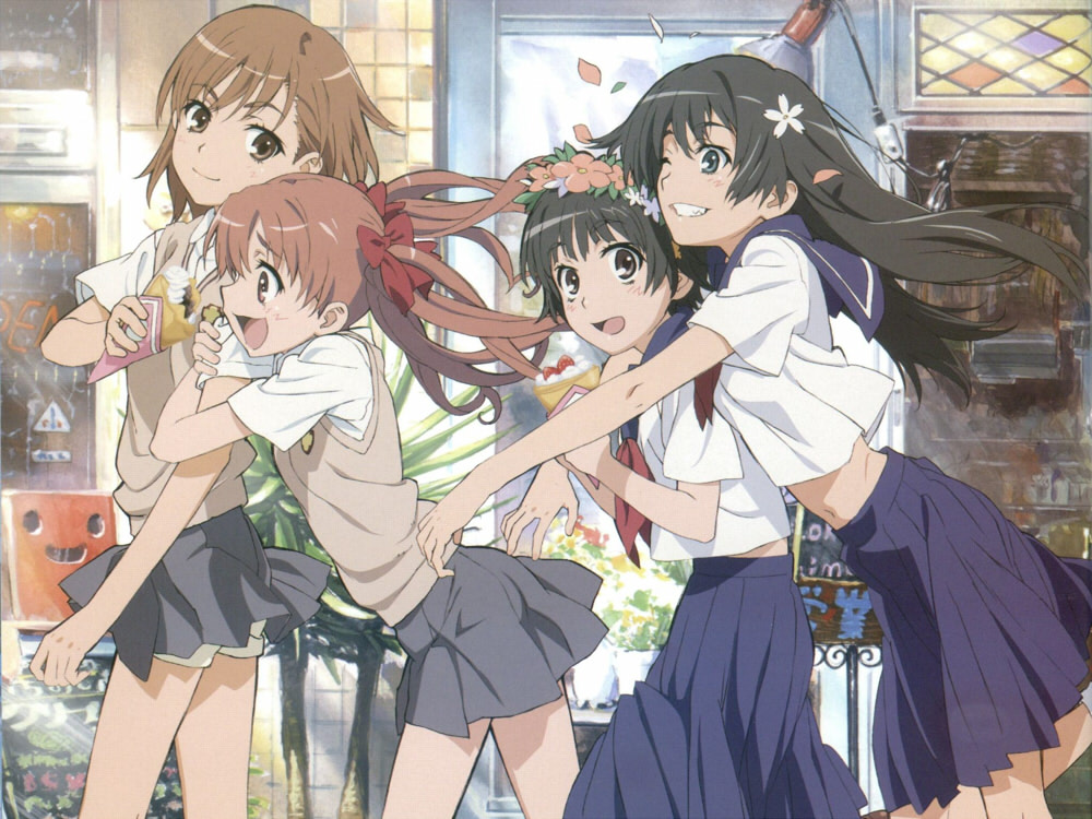 tanaka yuuichi, misaka mikoto, saten ruiko, shirai kuroko, uiharu kazari, toaru kagaku no railgun, toaru majutsu no index, non-web source, 00s, 4girls, blush, crepe, flower, food, legs, multiple girls, open mouth, school uniform, serafuku, shorts, skirt, sweater vest, twintails