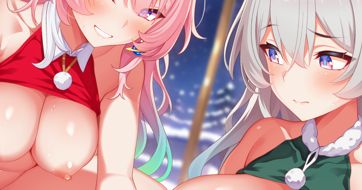 takashia, cyrene (demiurge) (honkai: star rail), cyrene (honkai: star rail), firefly (honkai: star rail), honkai: star rail, honkai (series), commentary, commentary request, cropped, english commentary, mixed-language commentary, paid reward available, 2girls, aqua hair, blush, breasts, clothes lift, diamond-shaped pupils, diamond (shape), earrings, grey hair, jewelry, large breasts, long hair, multicolored hair, multiple girls, nipples, pink hair, purple eyes, shirt lift, smile, sweat, symbol-shaped pupils, two-tone hair, very long hair, white hair